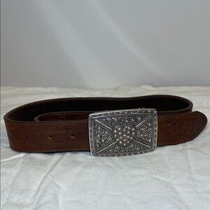 Tony Lama Brown Leather belt with silver rhinestone heart buckle